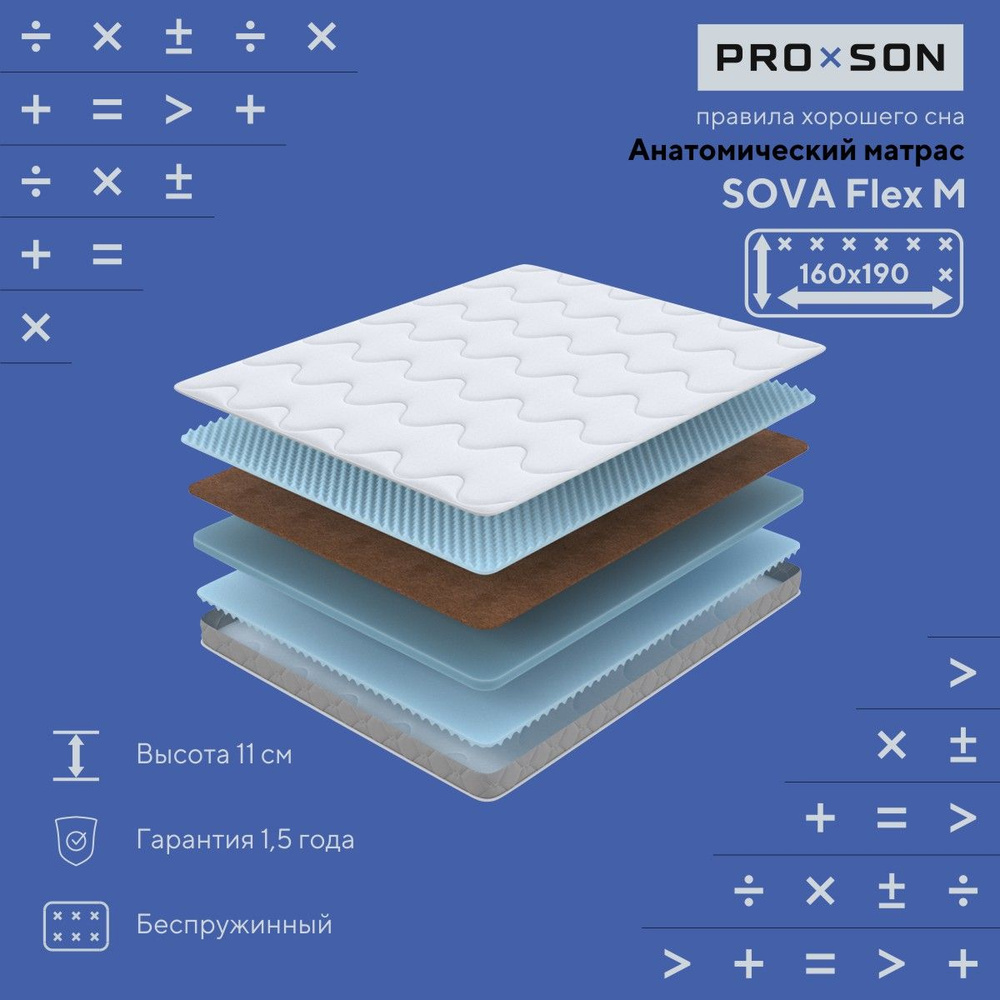 Матрас анатомический 160x190 PROxSON SOVA Flex M, ортопедический беспружинный  #1