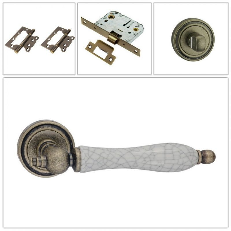 Комплект дверных ручек Renz INDH_615-16_OB/OC_WC, состаренная бронза/керамика (ручка + замок WC + 2 петли #1