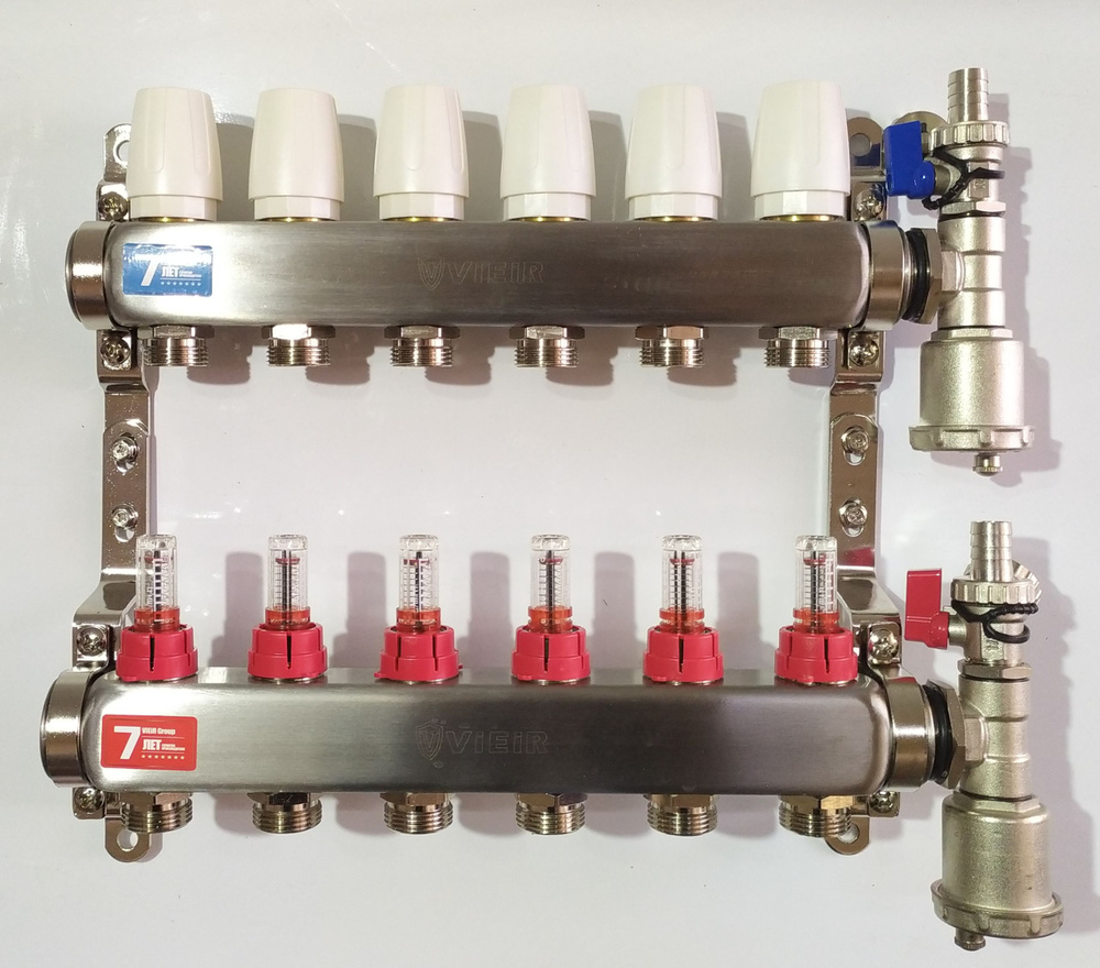 Коллектор для теплого пола 6 контуров в сборе распеределительный с расходометрами 1"x3/4" VIEIR  #1