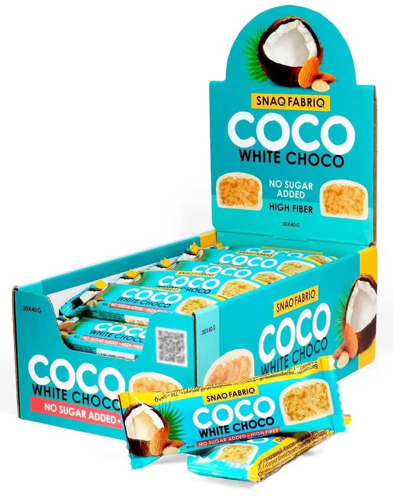 SNAQ FABRIQ Батончики в белом шоколаде без сахара COCO WHITE CHOCO Кокосово-миндальный десерт 40 г, 30 #1