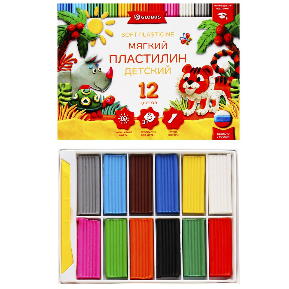 Пластилин 12 цветов, 180 гр, мягкий, стек, картонная коробка ...