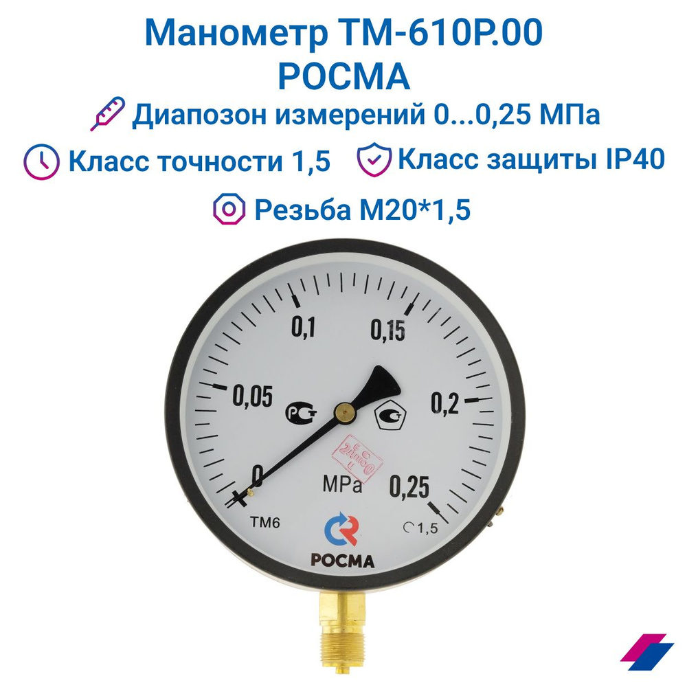Манометр ТМ-610Р.00 (0...0,25 МПа) М20х1,5: класс точности-1,5 РОСМА  #1