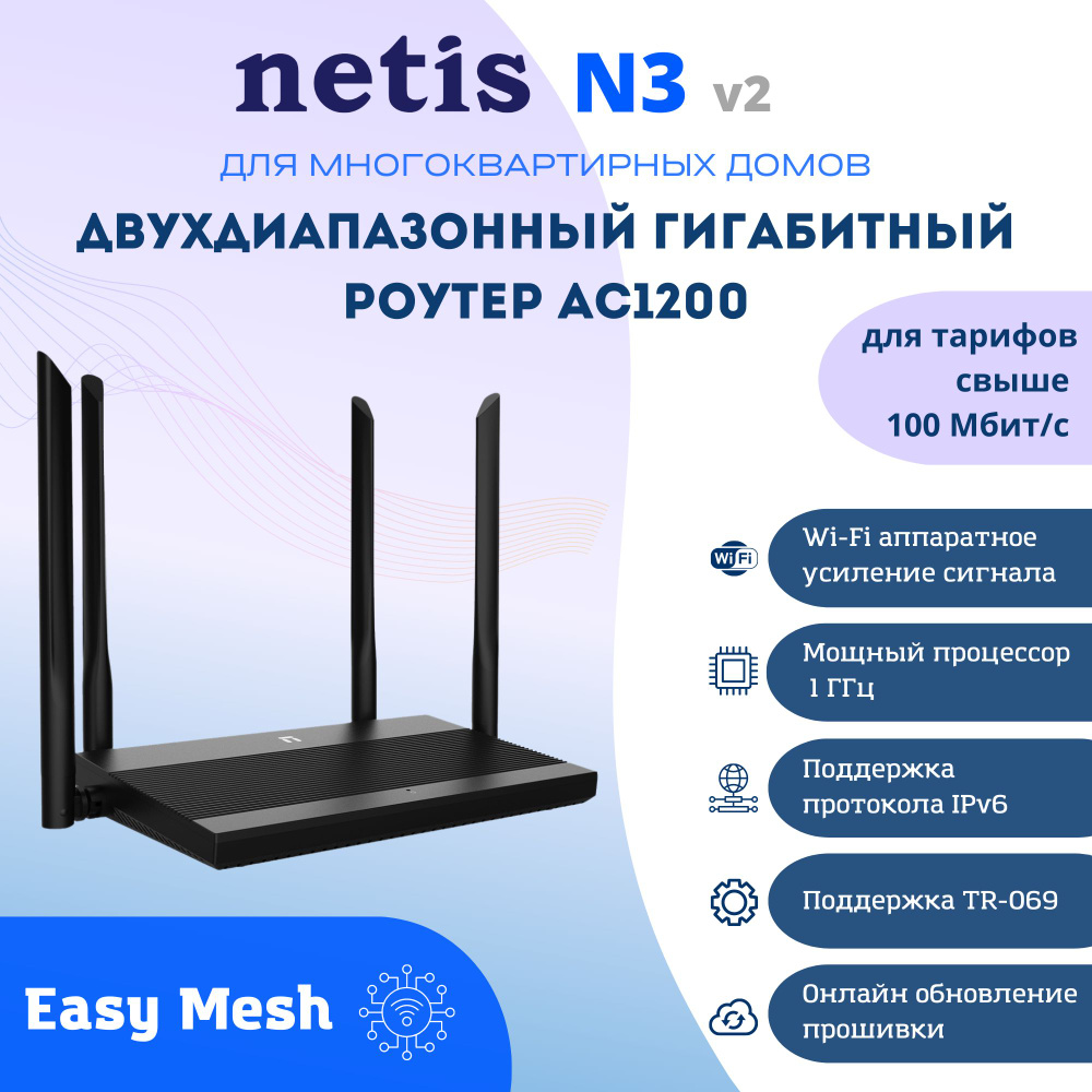 Wi-Fi роутер NETIS N3, гигабитный двухдиапазонный с поддержкой Easy Mesh