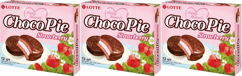 Печенье Lotte ChocoPie Strawberry прослоенное глазированное со вкусом клубники, комплект: 3 упаковки #1