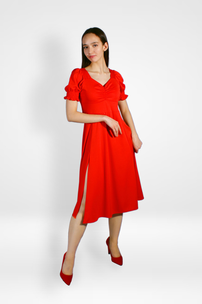 Платье длинное с коротким рукавом с вырезом на ноге, красный, Женский ...