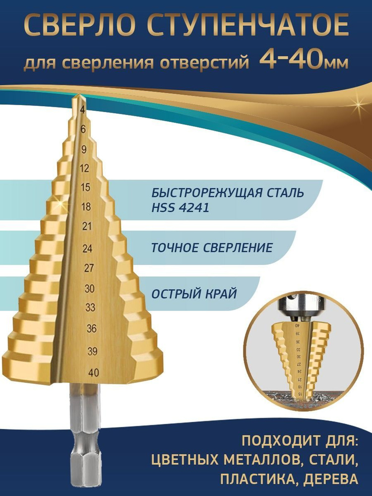 Сверло ступенчатое по металлу HSS с трехгранным хвостовиком 4-40 мм  #1