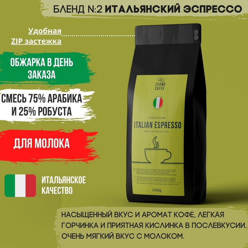 Кофе в зернах 1 кг ОБЖАРКА В ДЕНЬ ЗАКАЗА Итальянский эспрессо ZERNO CAFFE свежая обжарка для кофемашины #1