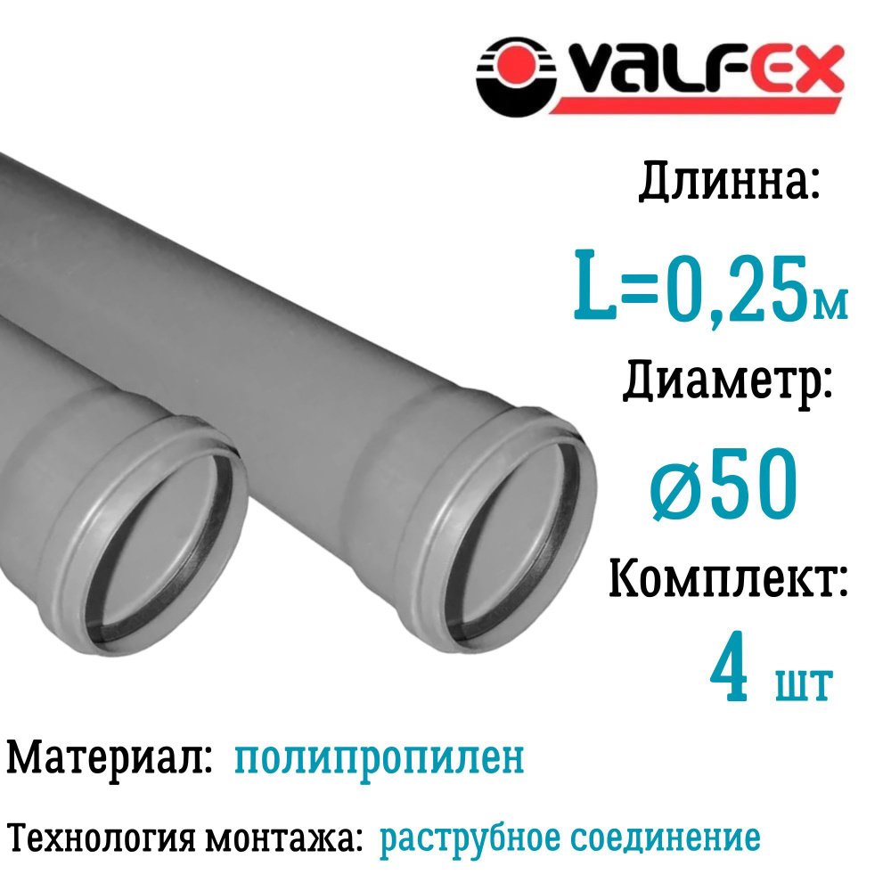 Труба BASE для внутренней канализации VALFEX Ф50 длина 0.25 м (комплект 4 шт)  #1