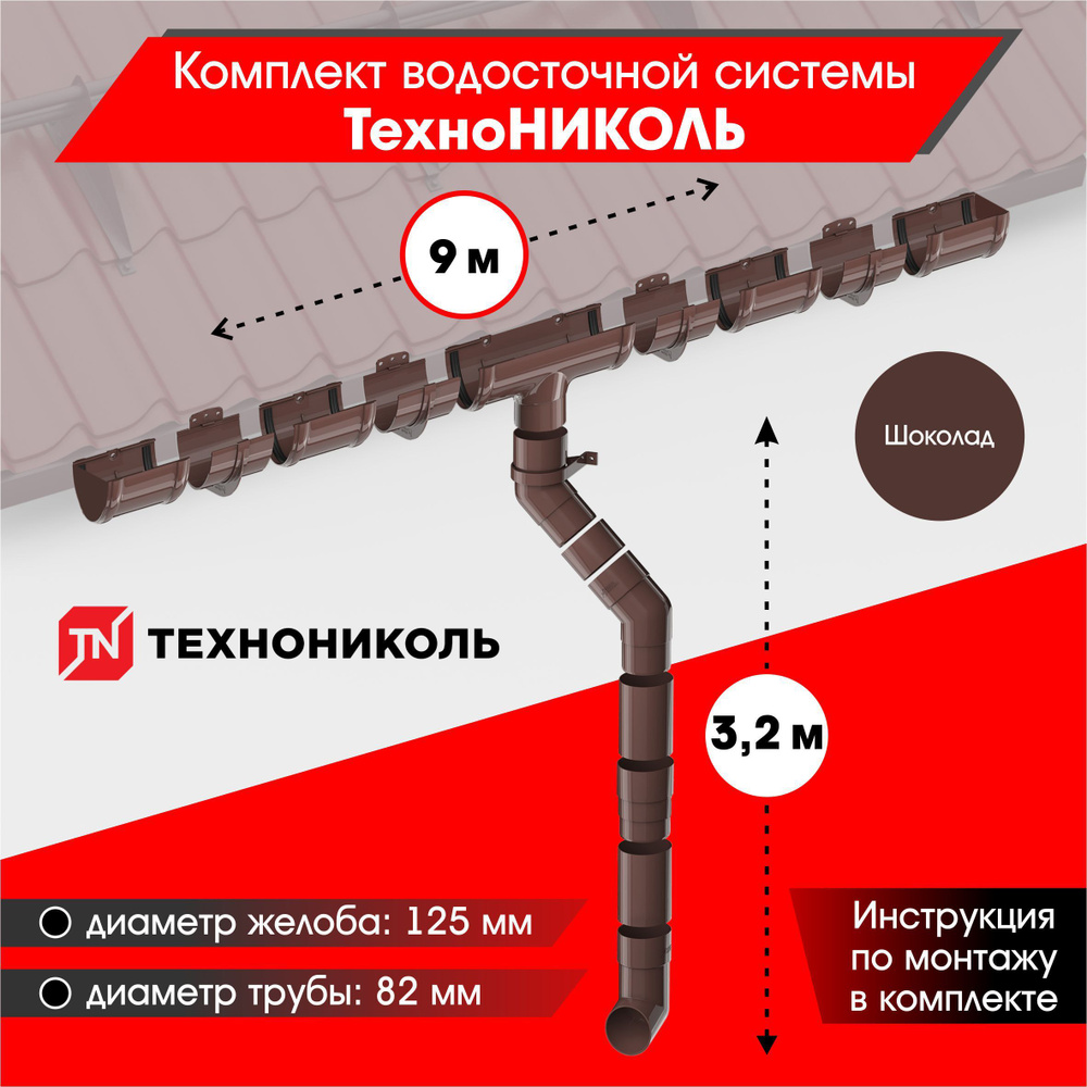 Водосточная система для крыши комплект ТехноНИКОЛЬ RAL 8017 водосток для  крыши дома для ската 9м, шоколад - купить с доставкой по выгодным ценам в  интернет-магазине OZON (468729762)