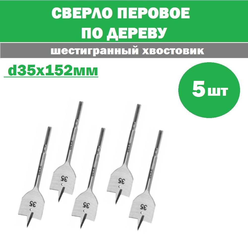 Комплект 5 шт, DEXX 35x152мм, сверло перовое по дереву, шестигранный хвостовик, 2945-35  #1