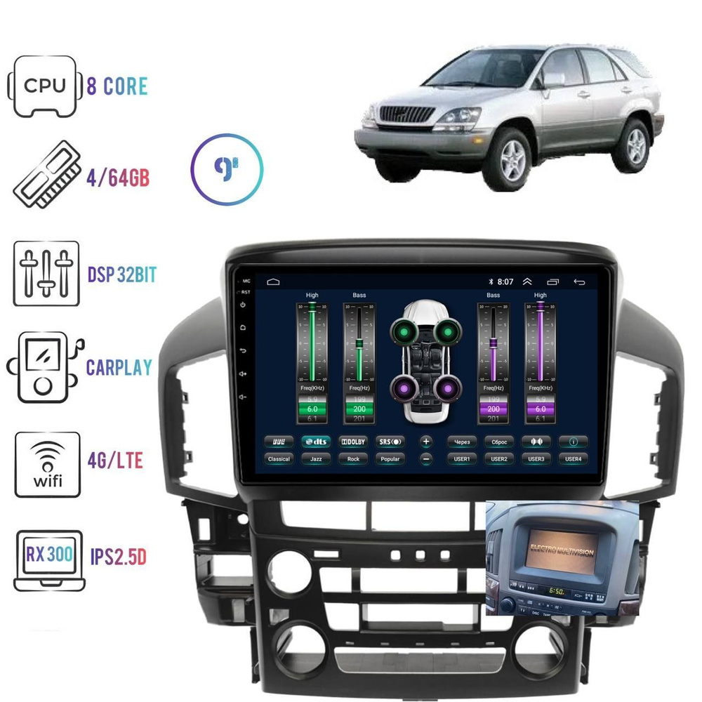 Магнитола для Lexus RX 300 1997 - 2003 MFB (авто без CD) на Андроиде 4+64Gb+8ядер+DSP+CarPlay+4G SIM+IPS2.5D #1