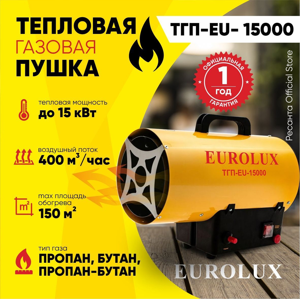 Тепловая газовая пушка ТГП-EU-15000 Eurolux / 400 м3/ч, мощность 15 кВт /  тепловентилятор / обогреватель для отопления дома