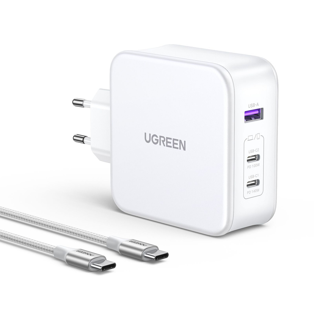 Зарядное устройство UGREEN CD289 (15339) Nexode USB-A+2*USB-C 140W GaN Tech  Fast Charger с кабелем. Длина кабеля: 2м. Цвет: белый