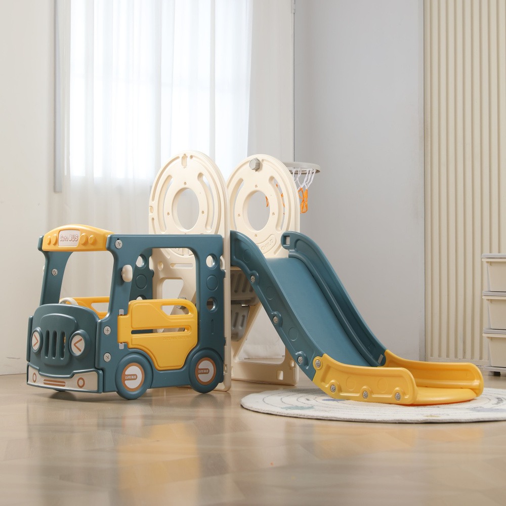 Игровой комплекс для детей с горкой UNIX Kids Bus (171 см) Yellow для дома  и улицы, машинка с горкой и баскетбольным кольцом, автобус, желтый/синий