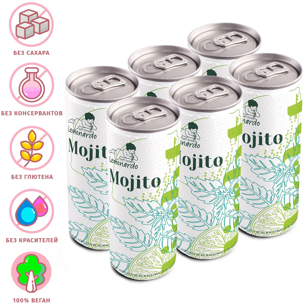 Натуральный безалкогольный мохито со стевией / Lemonardo Mojito Light, алюминиевая банка 330мл. 6шт  #1