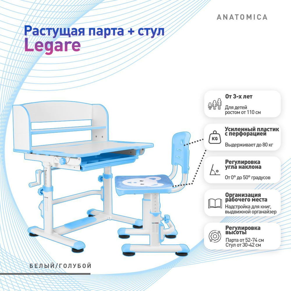 Комплект Anatomica Legare: детская парта и стул белый/голубой #1