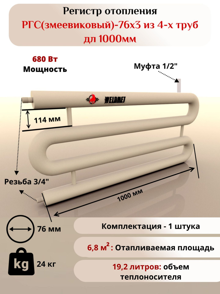 Регистр отопления РГС-76х3 из 4-х труб дл 1000мм Вэлдмет ТУ 25.21.11-001-42898558-2017  #1