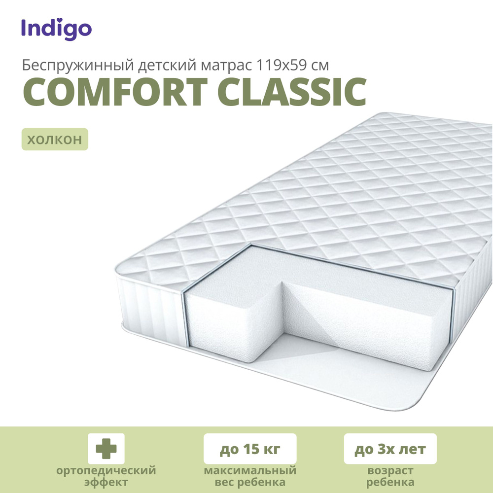 Матрас детский в кроватку для новорожденных Indigo Comfort Classic 120х60, беспружинный, съемный чехол #1