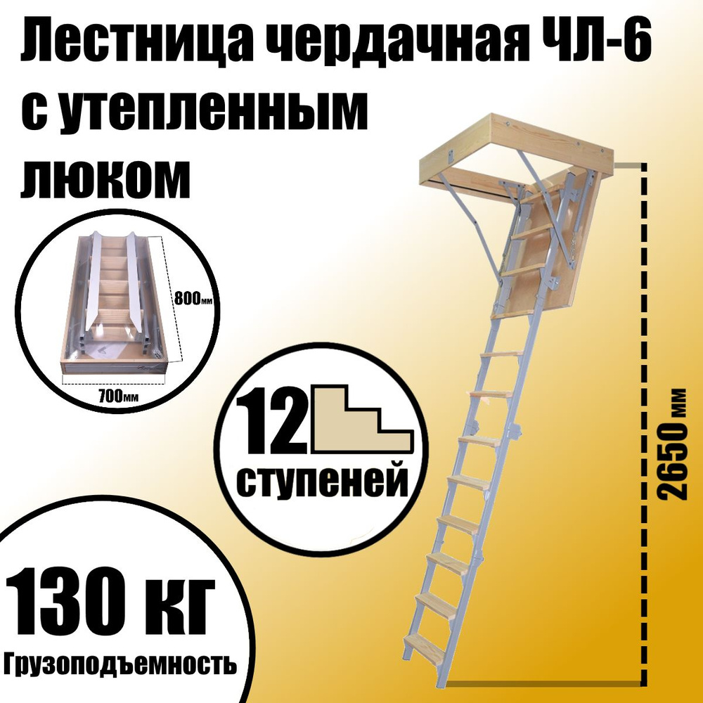 Лестница чердачная ЧЛ-6, с утепленным люком 700х800 мм, H-2.65м с металлической лестницей  #1