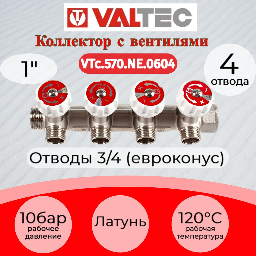 Коллектор с регул. вентилями, 1"х4 вых. Евроконус 3/4" (на подающий трубопровод) Valtec VTc.570.NE.0604 #1