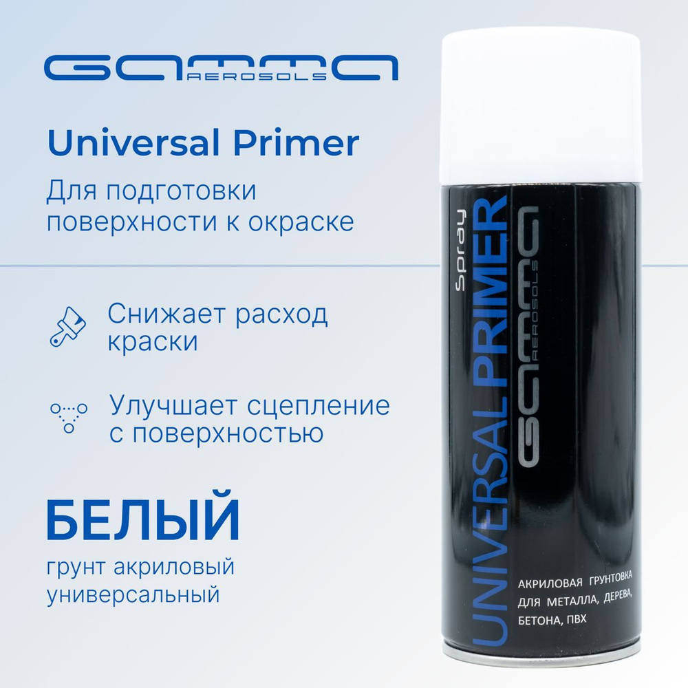 Грунтовка праймер акриловая белая аэрозольный баллончик Gamma Paint 450мл.