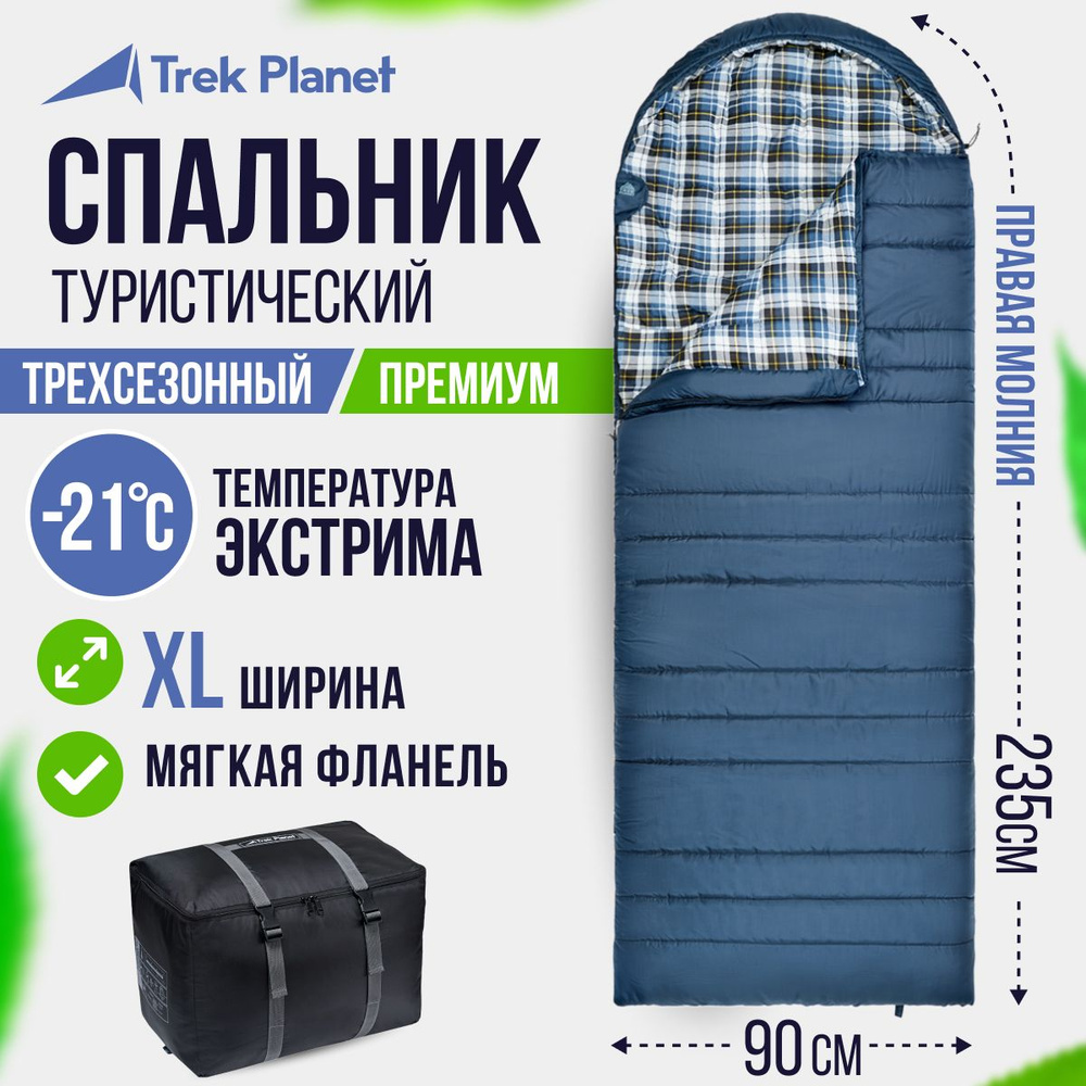 Спальник туристический/Спальный мешок TREK PLANET Douglas Wide Comfort,  зимний с фланелью, правая молния, цвет: синий, размер 235х90 см