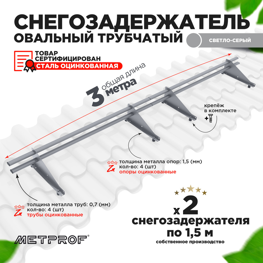 Снегозадержатель овальный оцинкованный трубчатый кровельный/, цвет RAL  7004.(Комплект на 3м/ 2шт по 1.5м)