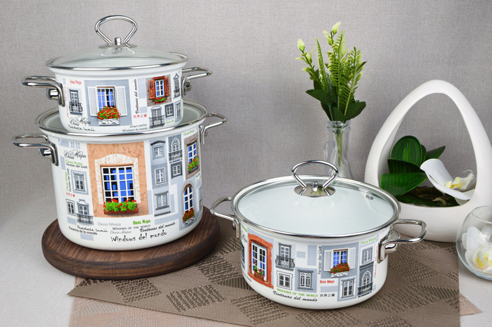 Набор эмалированной посуды "Окна мира" 1,9л 2,5л 5л белый ...