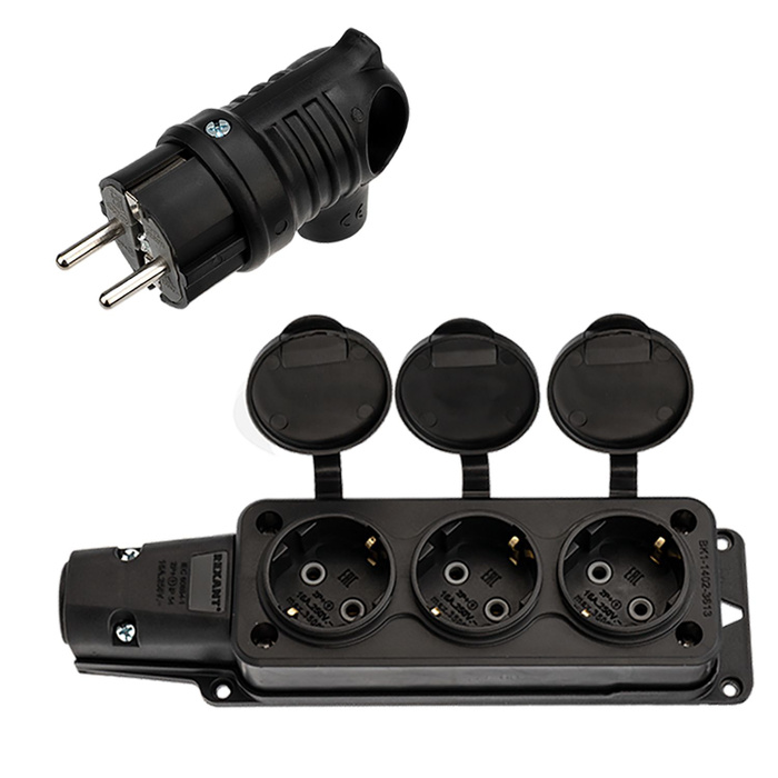 Набор колодка 3 гнезда и электрическая вилка/ евровилка каучуковая ...