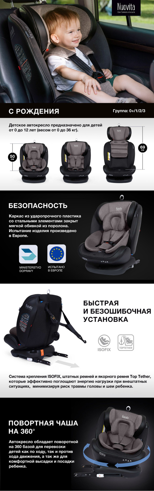 Автокресло поворотное для малыша Nuovita Maczione N0123I-1L детское,  удерживающее, автомобильное, на сиденье, креплением Isofix и якорным ремнем  Top Tether - купить с доставкой по выгодным ценам в интернет-магазине OZON  (581284013)