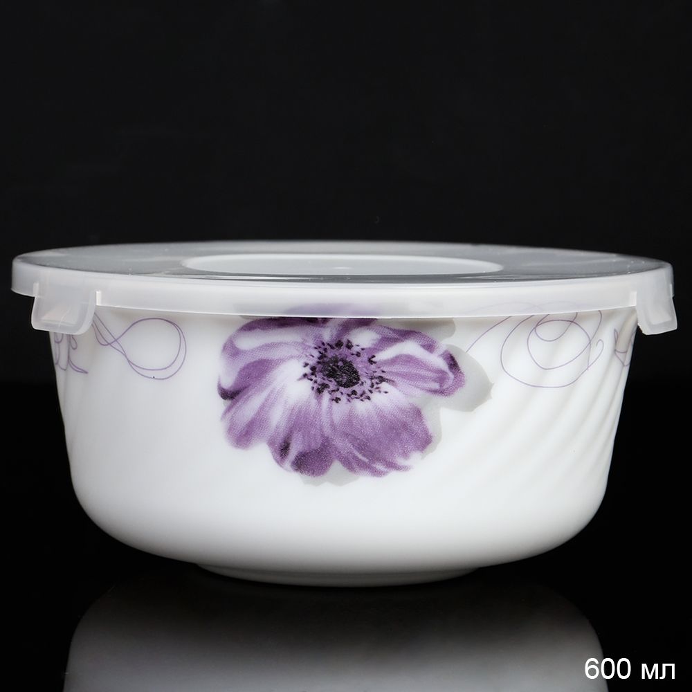 Салатник WHITE LILY глубокий с крышкой, 600 мл, сиреневый, стеклокерамика