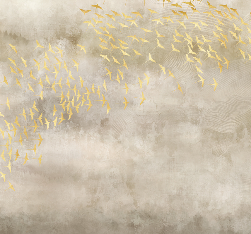 Фотообои флизелиновые на стену 3д GrandPik 52423 Лофт "Стая золотых птиц" (ШхВ), 300х280 см  #1