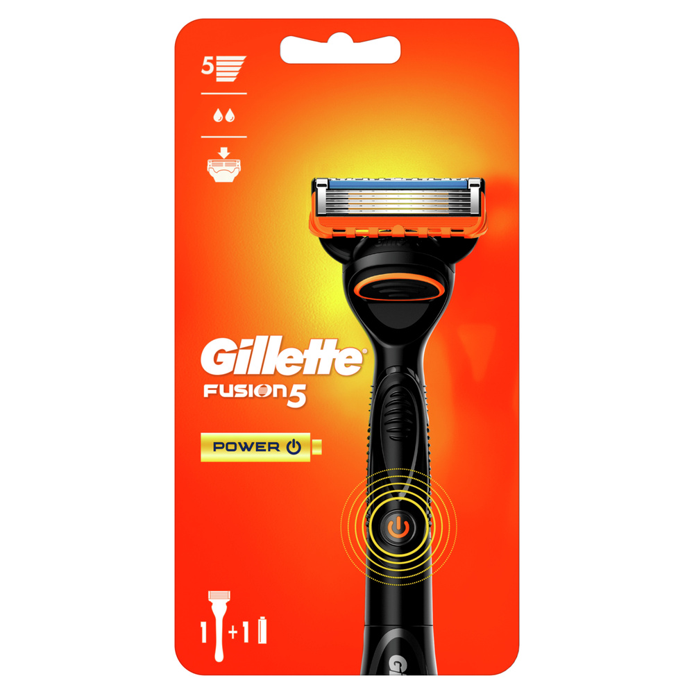 Gillette Fusion5 Мужская бритва Power, 1 кассета, с 5 лезвиями, с  уменьшающими трение лезвиями, с успокаивающими микроимпульсами