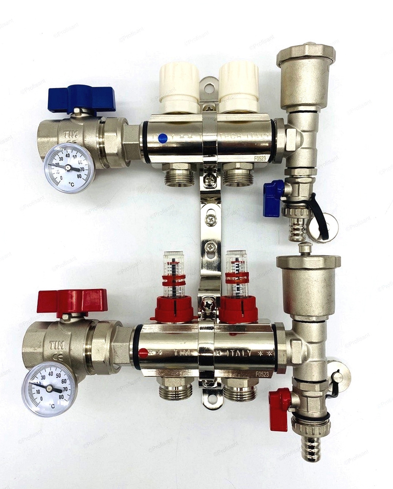 Коллектор для теплого пола, с расходомерами, никелированная латунь, 1", 2 выхода, комплектован: автовоздухоотводчик, #1