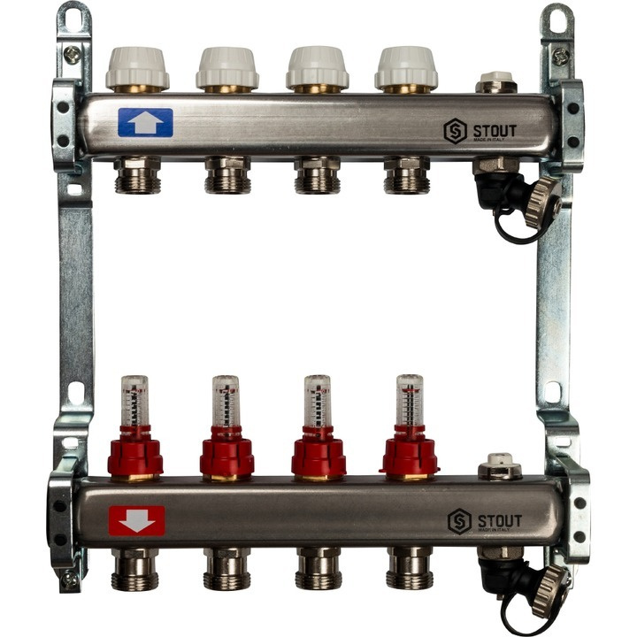 Коллектор из нержавеющей стали с расходомерами, с клапаном вып. воздуха и сливом 4 вых. STOUT SMS-0927-000004 #1