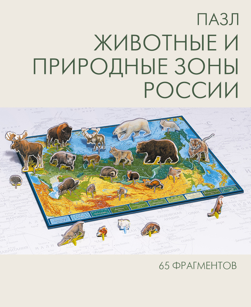 Пазл Животные и природные зоны России, фрагменты по границам  физико-географических стран, развивающая головоломка для детей, 