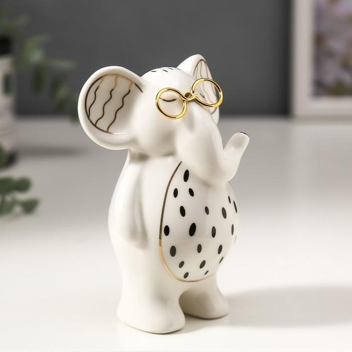 Сувенир керамика "Слоненок в очках" бело-черный с золотом 10х5х7 см  #1