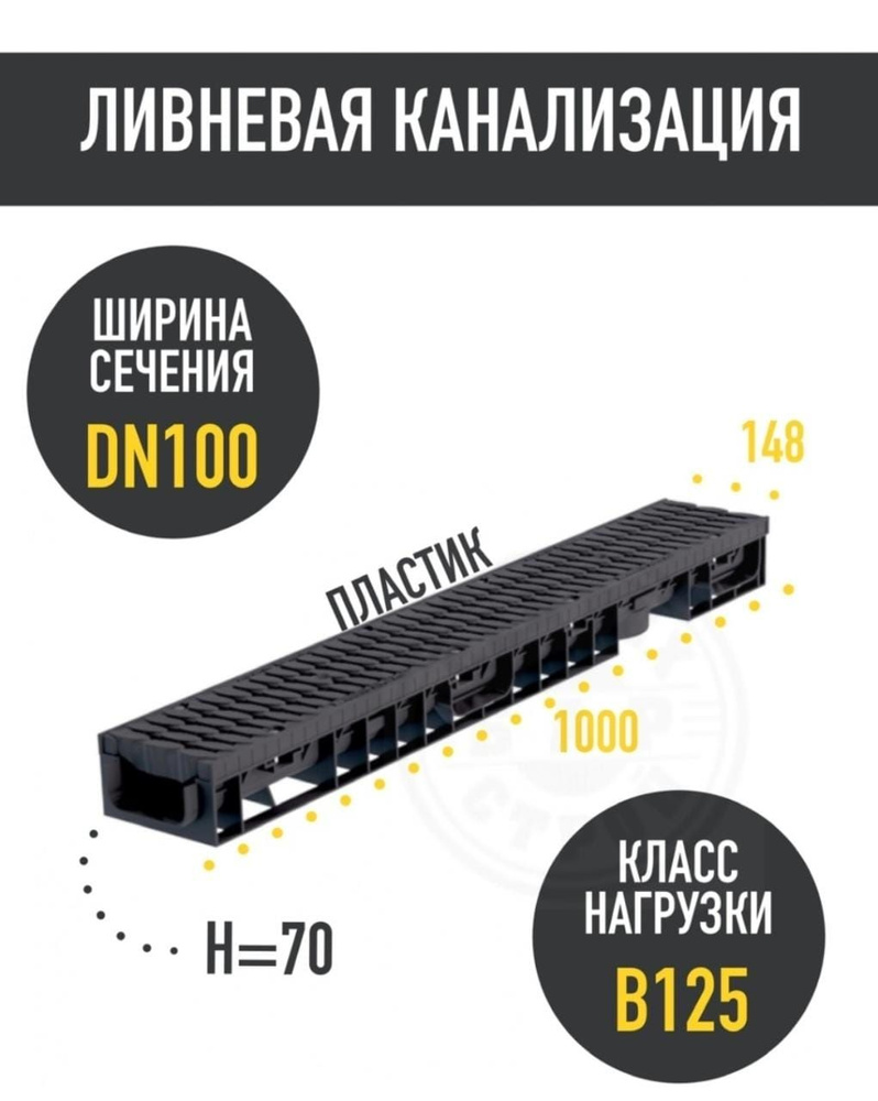 Лоток ЛВП Master DN100 H70 B125 1000*148*70 с пластиковой решеткой (комплект) (110701)  #1