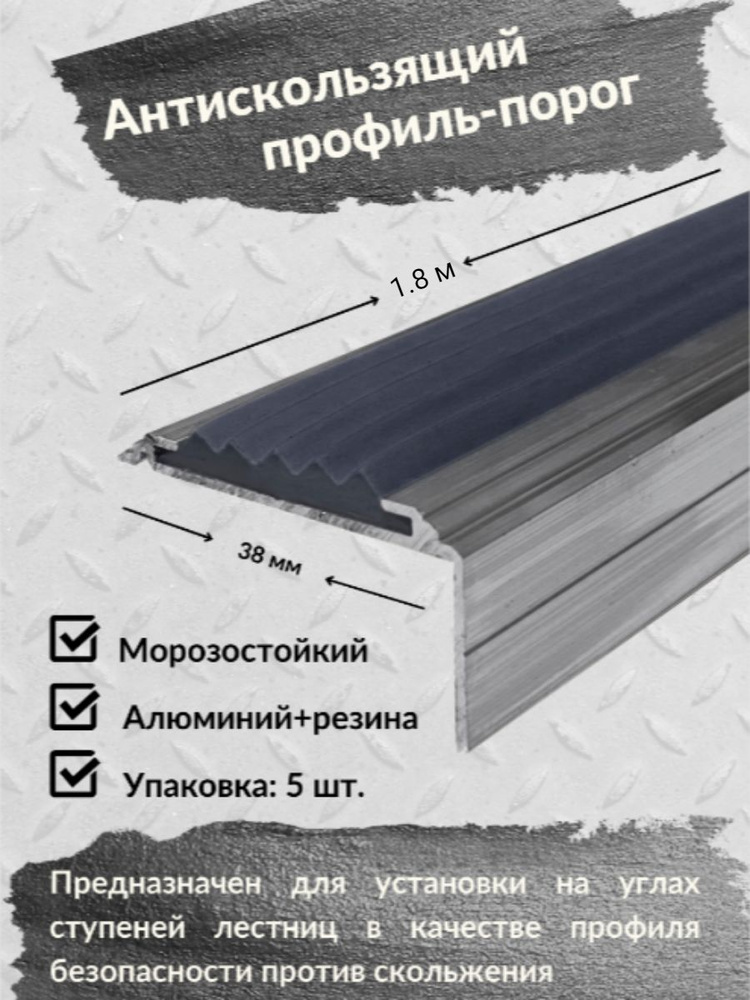 Алюминиевый угол-порог ЕвроСтандарт 38 мм/20 мм с резиновой вставкой серого цвета, длина 1.8м, упаковка #1