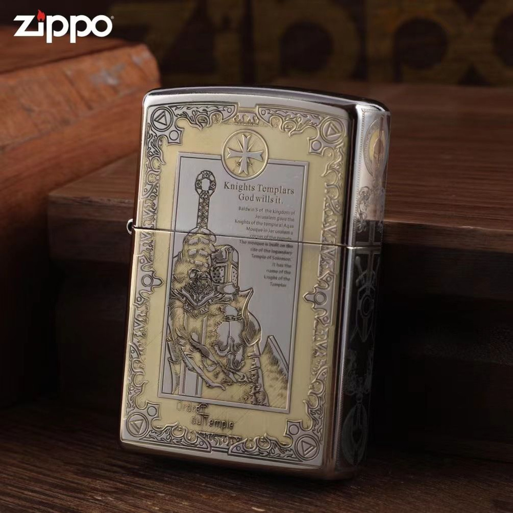 Zippo-керосиновая зажигалка/рыцарь серебряная роса золотая резьба .
