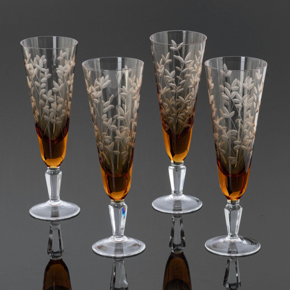 Набор из четырех фужеров бокалов для шампанского Весна, стекло, цветное ...
