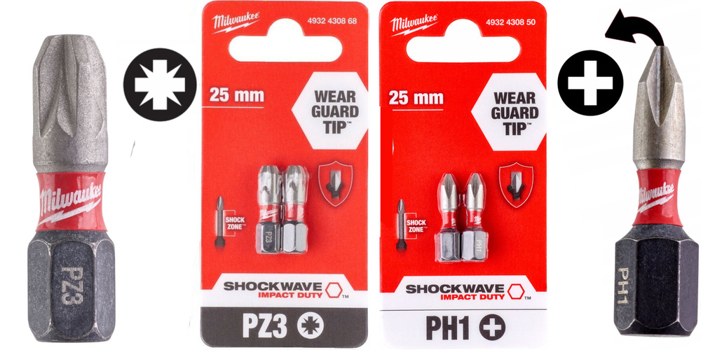 PH1(4шт)+PZ3(4шт) 25мм. Набор бит для шуруповёрта ударных Shockwave MILWAUKEE  #1