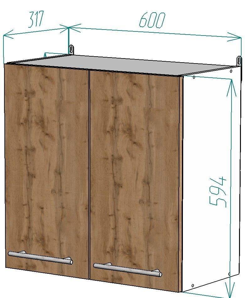 Навесной кухонный шкаф шириной 600 мм высотой 600 мм, с 1 полкой, 2 двери ЛДСП цвета "Дуб Вотан", металлическая #1