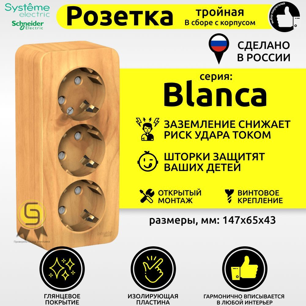 Розетка трехместная Schneider Electric BLANCA, открытый монтаж, с заземлением со шторками, ясень, BLNRA011315 #1