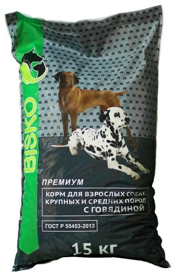 Биско Премиум с говядиной 15 кг. Корм сухой для взрослых собак крупных ...