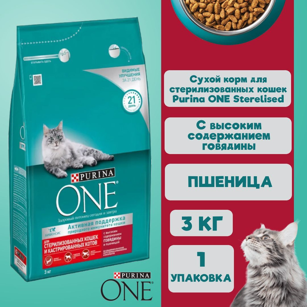 Корм для кошек сухой Purina ONE Sterilised для стерилизованных с говядиной  и пшеницей 3кг