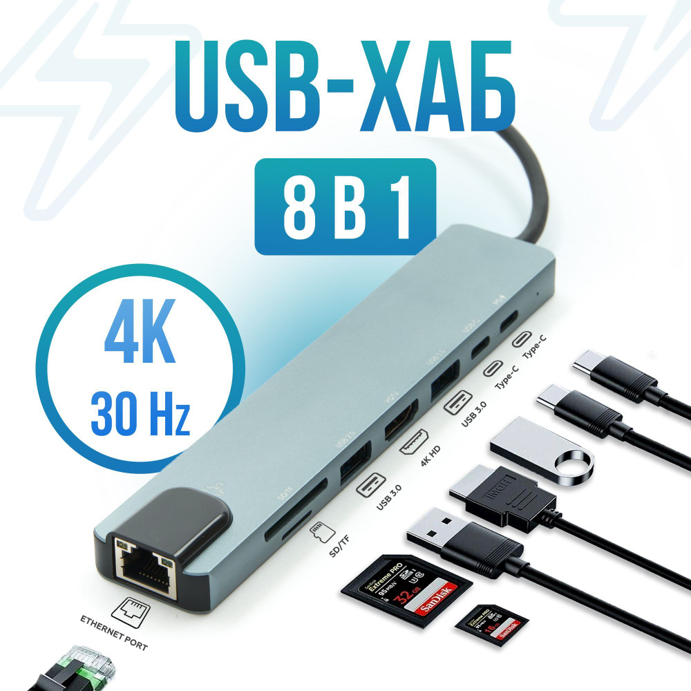 usb hub, usb разветвитель , 8-в-1, 2хType-С , 2xUSB 3.0 , HDMI , SD, TF ...