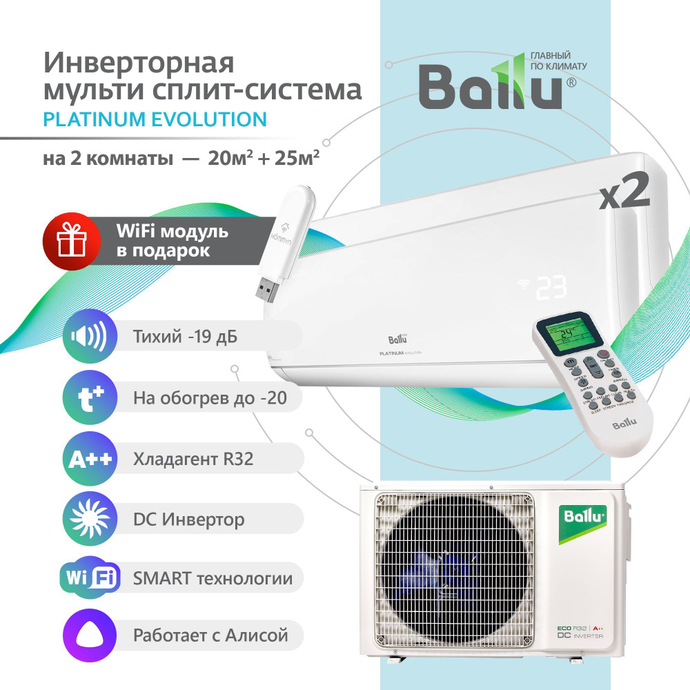 Инверторная Мульти сплит-система BALLU на 2 комнаты (20м2 + 25м2)  BA2OI-FM/14HN8+07HN8+09HN8, белый - купить по доступным ценам в  интернет-магазине OZON (1039519922)