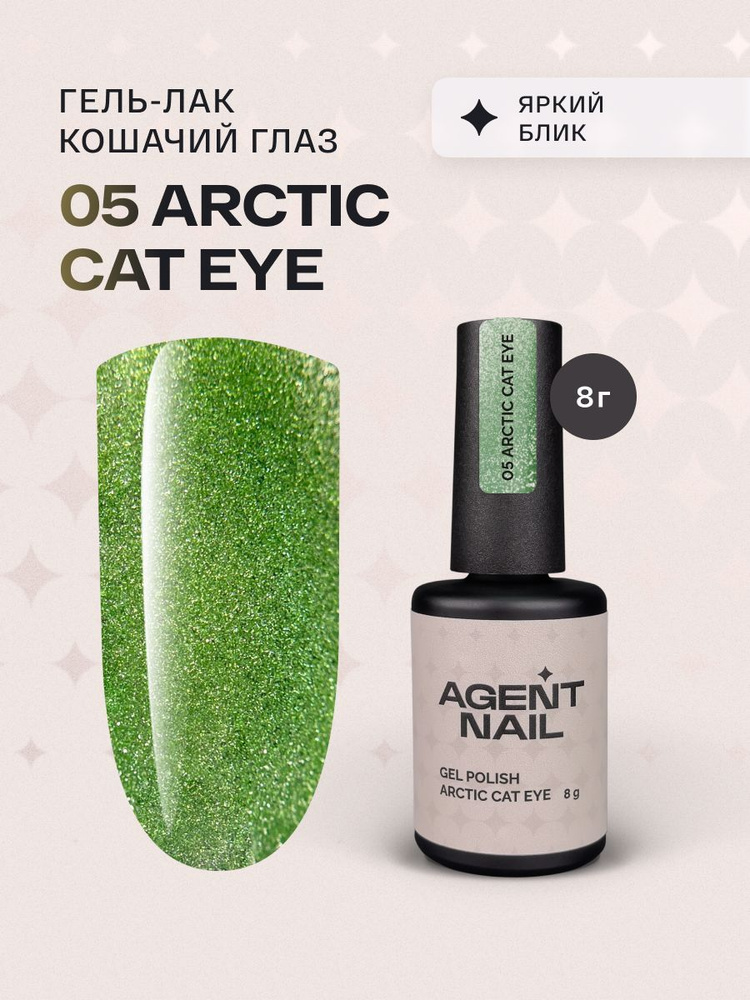 Гель лак для ногтей для маникюра и педикюра Agent Nail Arctic Cat Eye 05 нежно-зеленый профессиональный #1