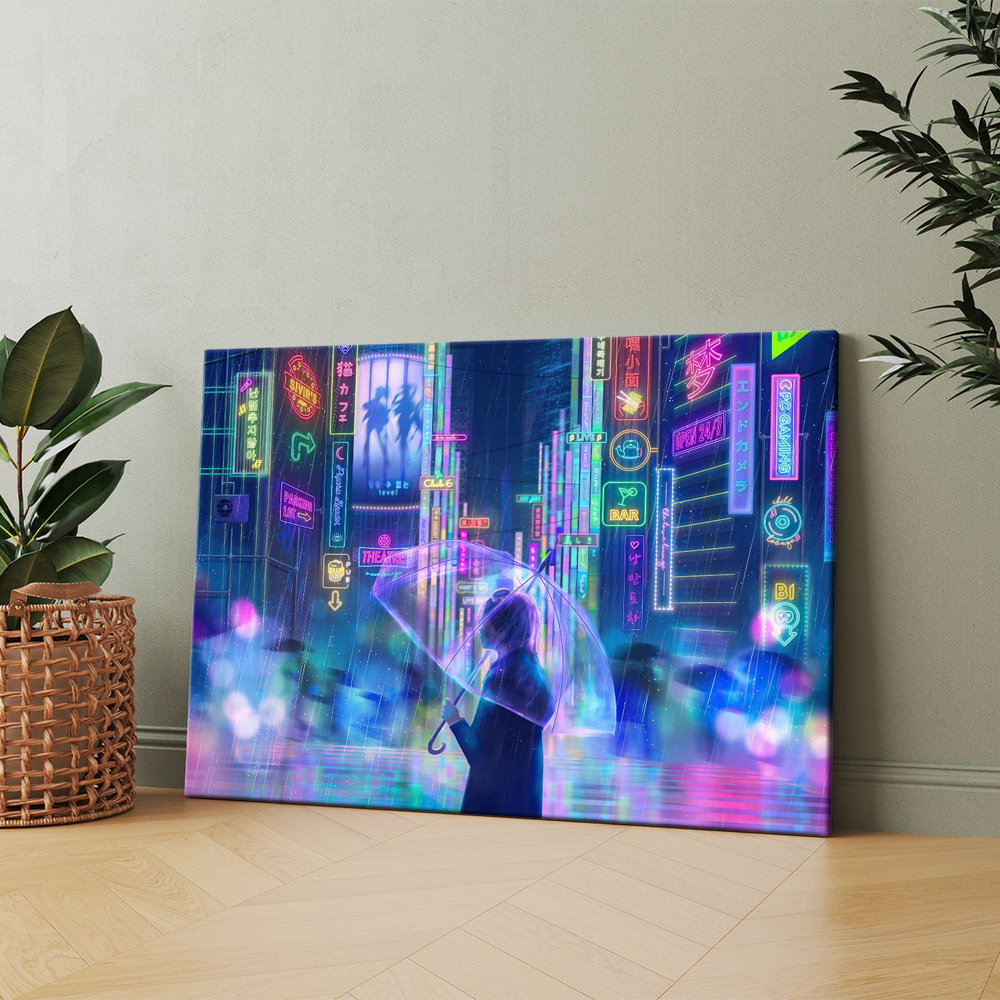 Картина на холсте (Город киберпанк, неоновый арт, Токио, дождь) 60x80 см.  Интерьерная, на стену. - купить по низкой цене в интернет-магазине OZON  (1113394416)